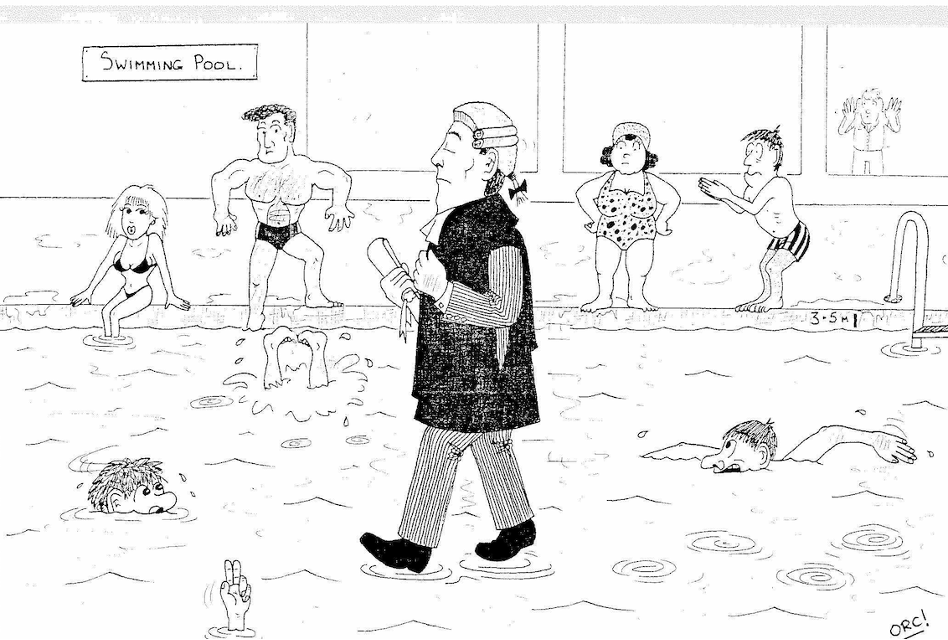 Cartoon: a bewigged barrister walking calmly through a swimming pool of startled bathers
